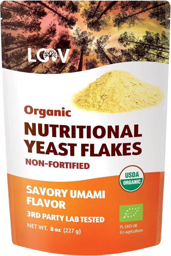 LOOV Organic Nutritional Yeast Flakes | Non-Fortified | Vegan | Non-GMO | Gluten Free | Good Source of B-Vitamins | No Added Vitamins | No Added Sugar | Resealable Bag - 8 Ounces (227 Grams)