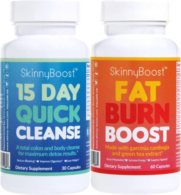 SkinnyBoost Fat Burn & 15 Day Quick Cleanse KIT-Vegan Capsules, Easy to Use: Detox, Supports Metabolism and Colon Cleanser, Made in The USA