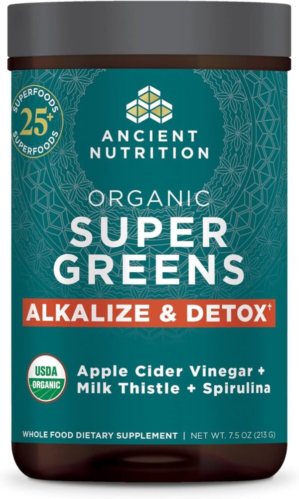 Supergreens Alkalize & Detox Powder by Ancient Nutrition, Organic Superfood Powder Made from Real Fruits, Vegetables and Herbs, for Digestive and Energy Support, 25 Servings, 7.5oz