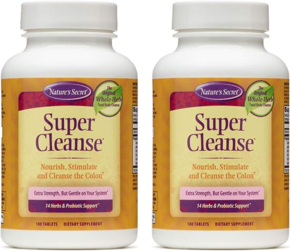 Nature's Secret Super Cleanse Extra Strength Toxin Detox & Gentle Elimination Body Cleanse, Digestive & Colon Health Support - Stimulating Blend of 14 Herbs with Probiotics - 100 Tablets (Pack of 2)