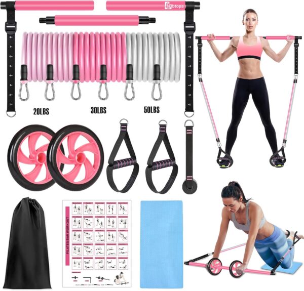 Pilates Bar Kit with Resistance Bands, Pilates Equipment Exercise Bar with Ab Roller for Abs Workout, Portable Home Gym Yoga Fitness Bar for Women & Men